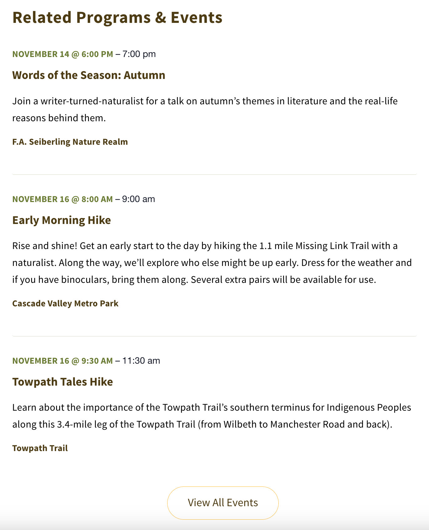Related programs and events on the single events page.